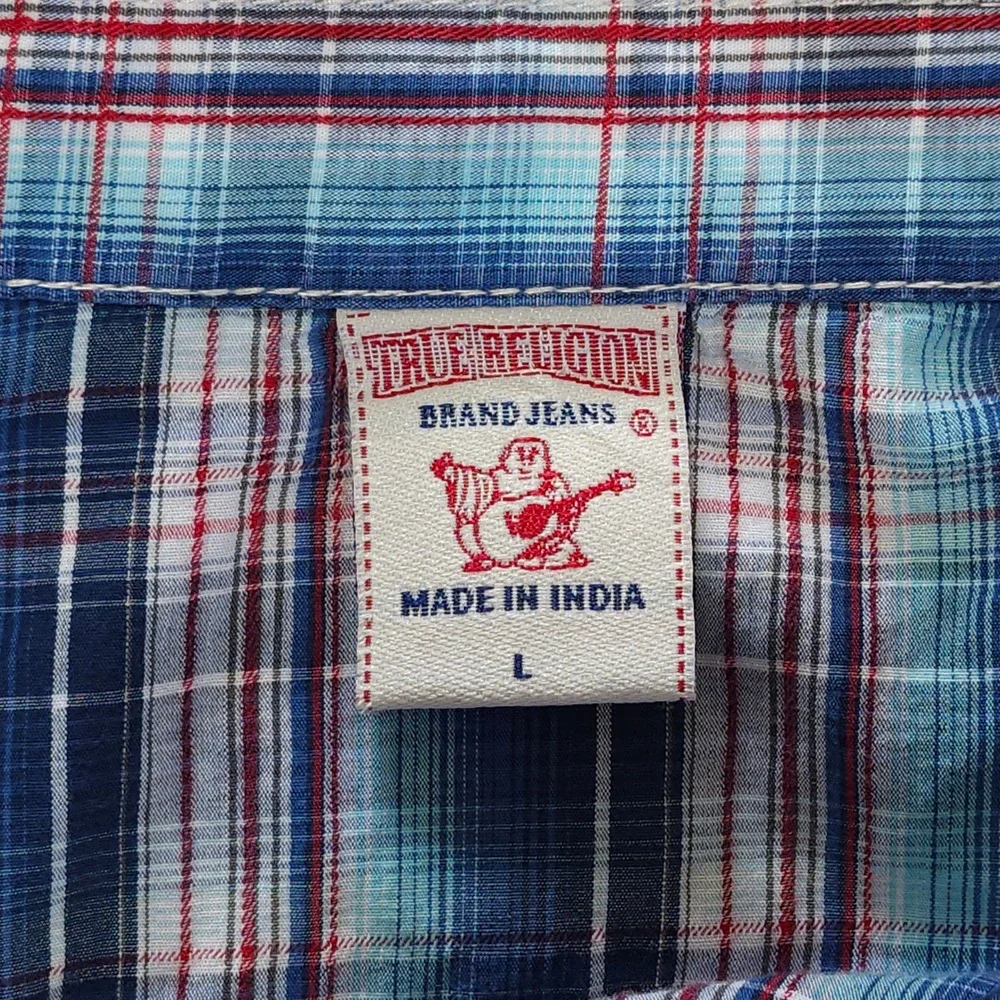 True Religion Long Sleeve Pearl Snap Shirt Mens Large Western Plaid Cowboy